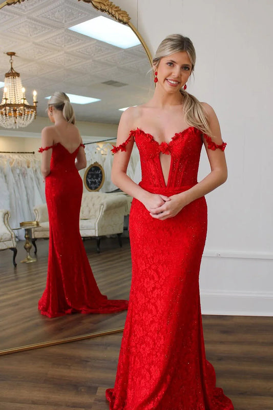 Glamorous Mermaid Off-Shoulder Lace Red Floor-Length Prom Dress