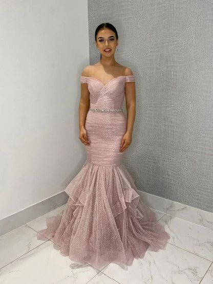 Glamorous Mermaid Off-the-Shoulder Beaded Blush Floor-Length Prom Dress