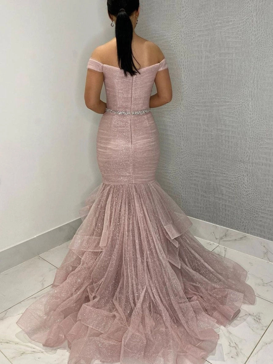 Glamorous Mermaid Off-the-Shoulder Beaded Blush Floor-Length Prom Dress