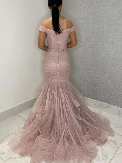 Glamorous Mermaid Off-the-Shoulder Beaded Blush Floor-Length Prom Dress