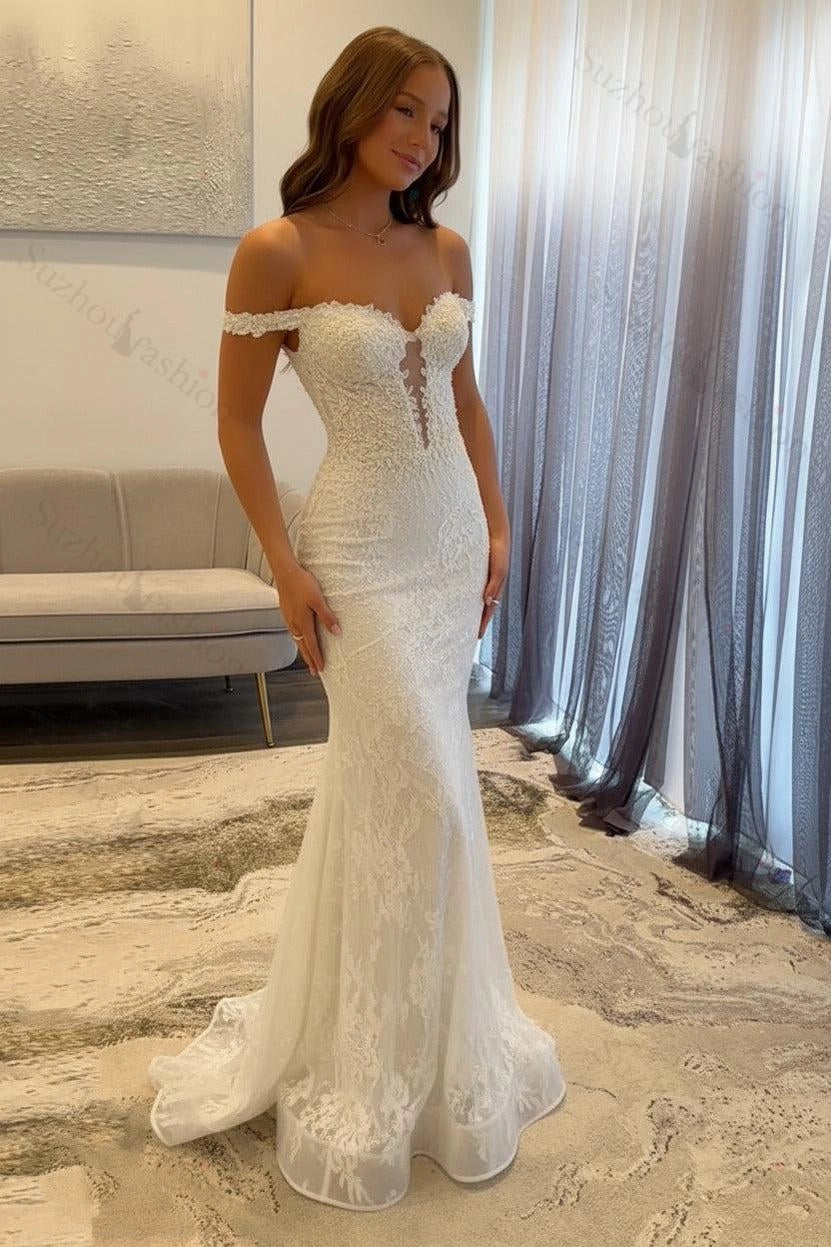 Glamorous Mermaid Off-the-Shoulder Beaded Floor-Length Prom Dress