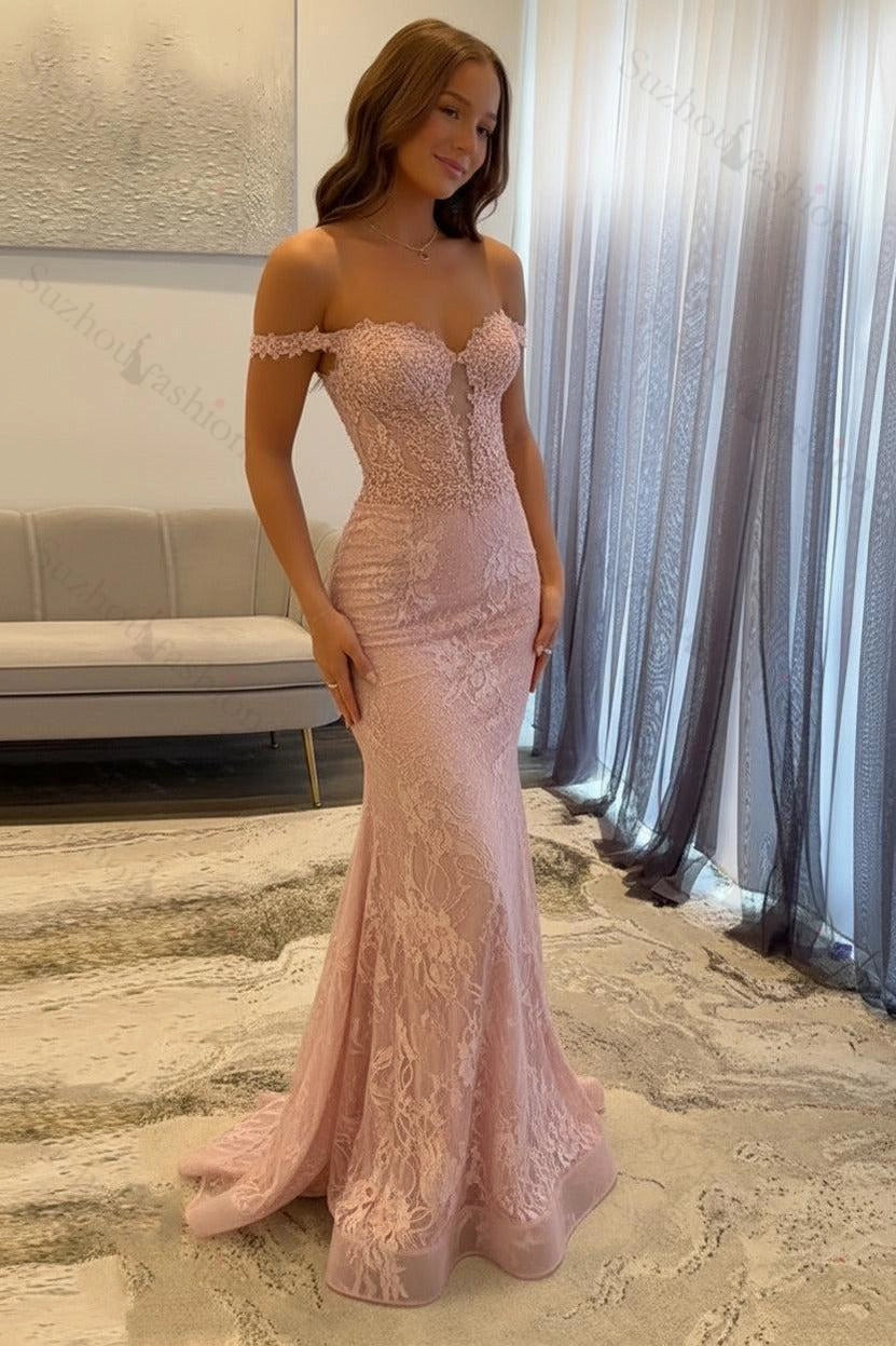 Glamorous Mermaid Off-the-Shoulder Beaded Floor-Length Prom Dress