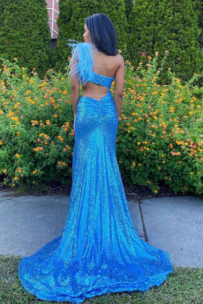 Glamorous Mermaid One-Shoulder Feather Blue Floor-Length Prom Dress