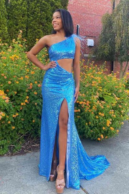 Glamorous Mermaid One-Shoulder Feather Blue Floor-Length Prom Dress