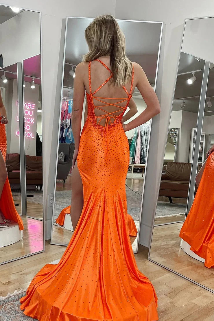 Glamorous Mermaid One-Shoulder Sequin Orange Floor-Length Prom Dress