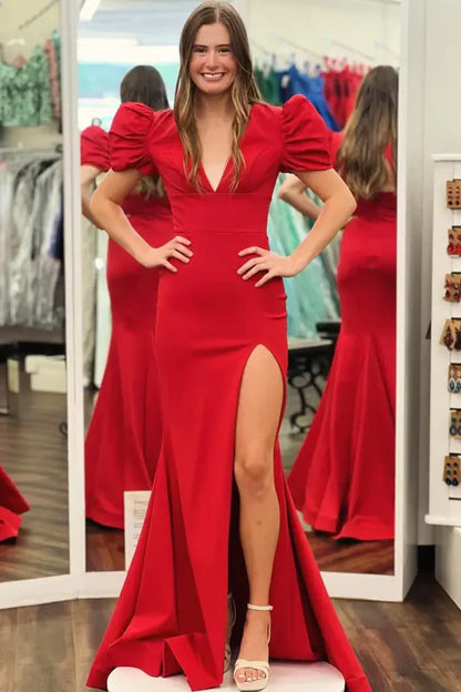 Glamorous Mermaid Puffed-Sleeve Cutout Red Floor-Length Prom Dress