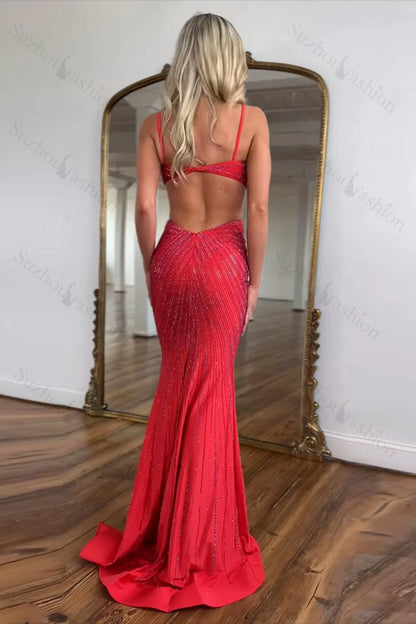 Glamorous Mermaid Spaghetti Strap Cutout Red Floor-Length Prom Dress