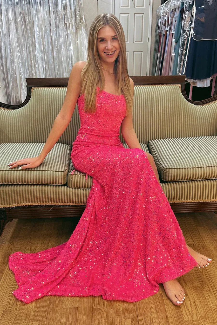 Glamorous Mermaid Spaghetti Strap Lace-Up Pink Floor-Length Prom Dress