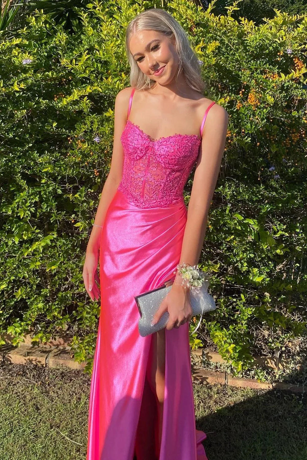 Glamorous Mermaid Spaghetti Strap Lace Fuchsia Prom Dress