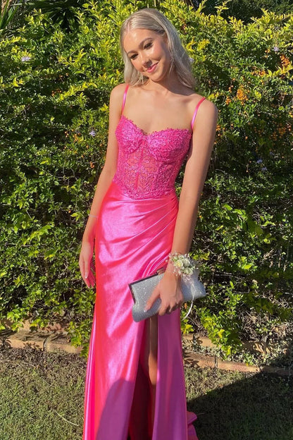 Glamorous Mermaid Spaghetti Strap Lace Fuchsia Prom Dress