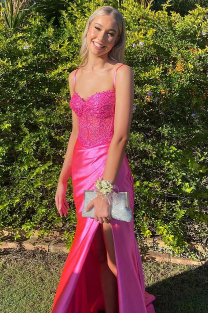Glamorous Mermaid Spaghetti Strap Lace Fuchsia Prom Dress