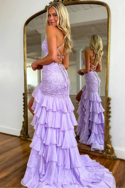 Glamorous Mermaid Spaghetti Strap Lace Lavender Floor-Length Prom Dress