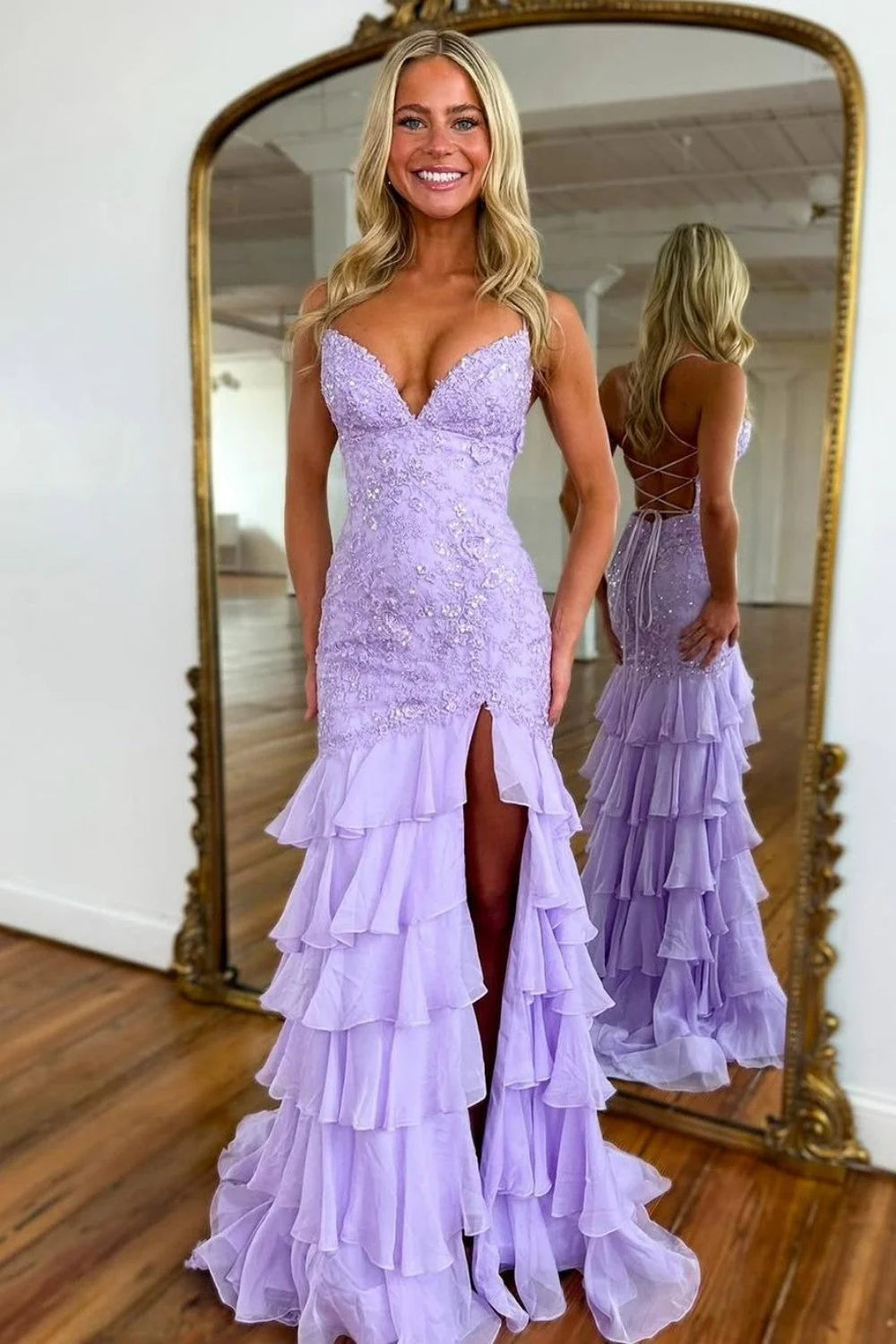 Glamorous Mermaid Spaghetti Strap Lace Lavender Floor-Length Prom Dress
