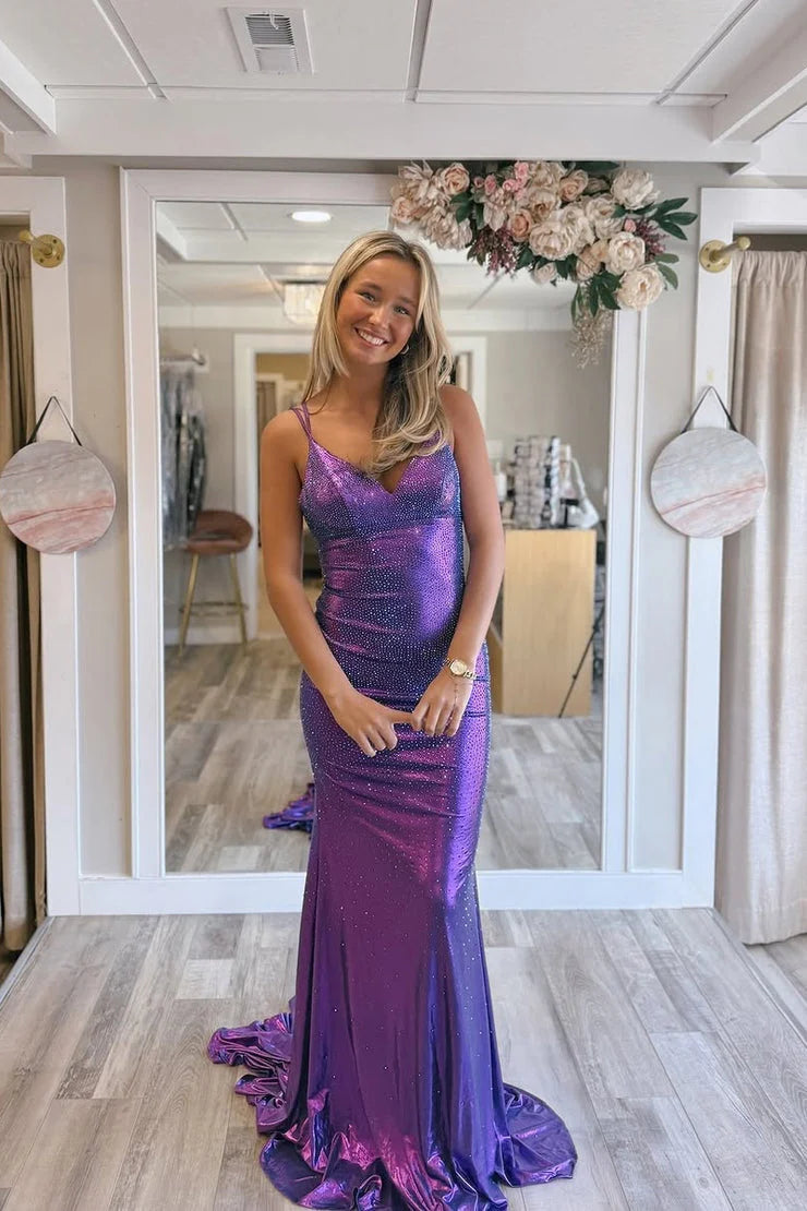 Glamorous Mermaid Spaghetti Strap Rhinestone Purple Prom Dress