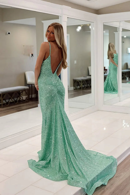 Glamorous Mermaid Spaghetti Strap Seafoam Floor-Length Prom Dress