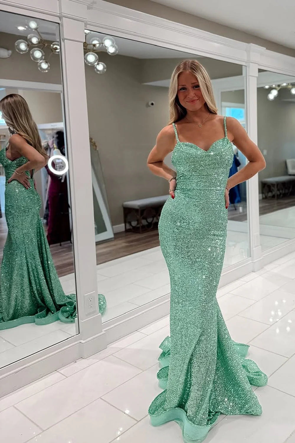 Glamorous Mermaid Spaghetti Strap Seafoam Floor-Length Prom Dress