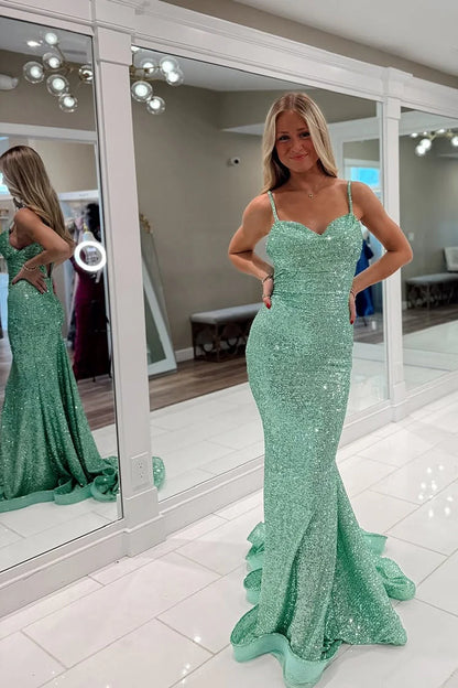 Glamorous Mermaid Spaghetti Strap Seafoam Floor-Length Prom Dress