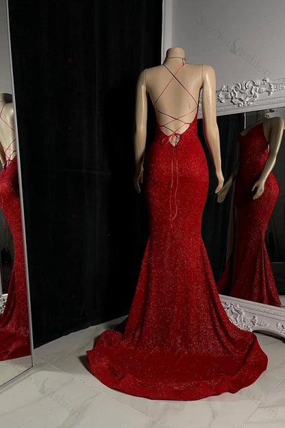 Glamorous Mermaid Spaghetti Strap Sequin Red Floor-Length Prom Dress