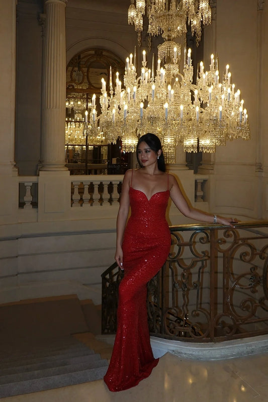 Glamorous Mermaid Spaghetti Strap Sequin Red Floor-Length Prom Dress