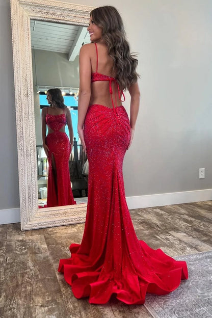 Glamorous Mermaid Square Neck Sequin Red Floor-Length Prom Dress