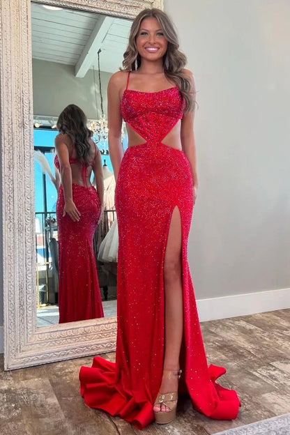Glamorous Mermaid Square Neck Sequin Red Floor-Length Prom Dress