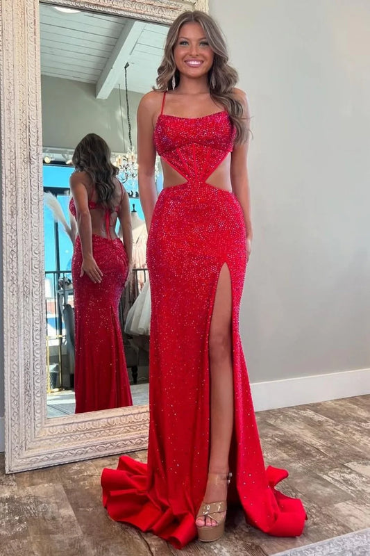 Glamorous Mermaid Square Neck Sequin Red Floor-Length Prom Dress
