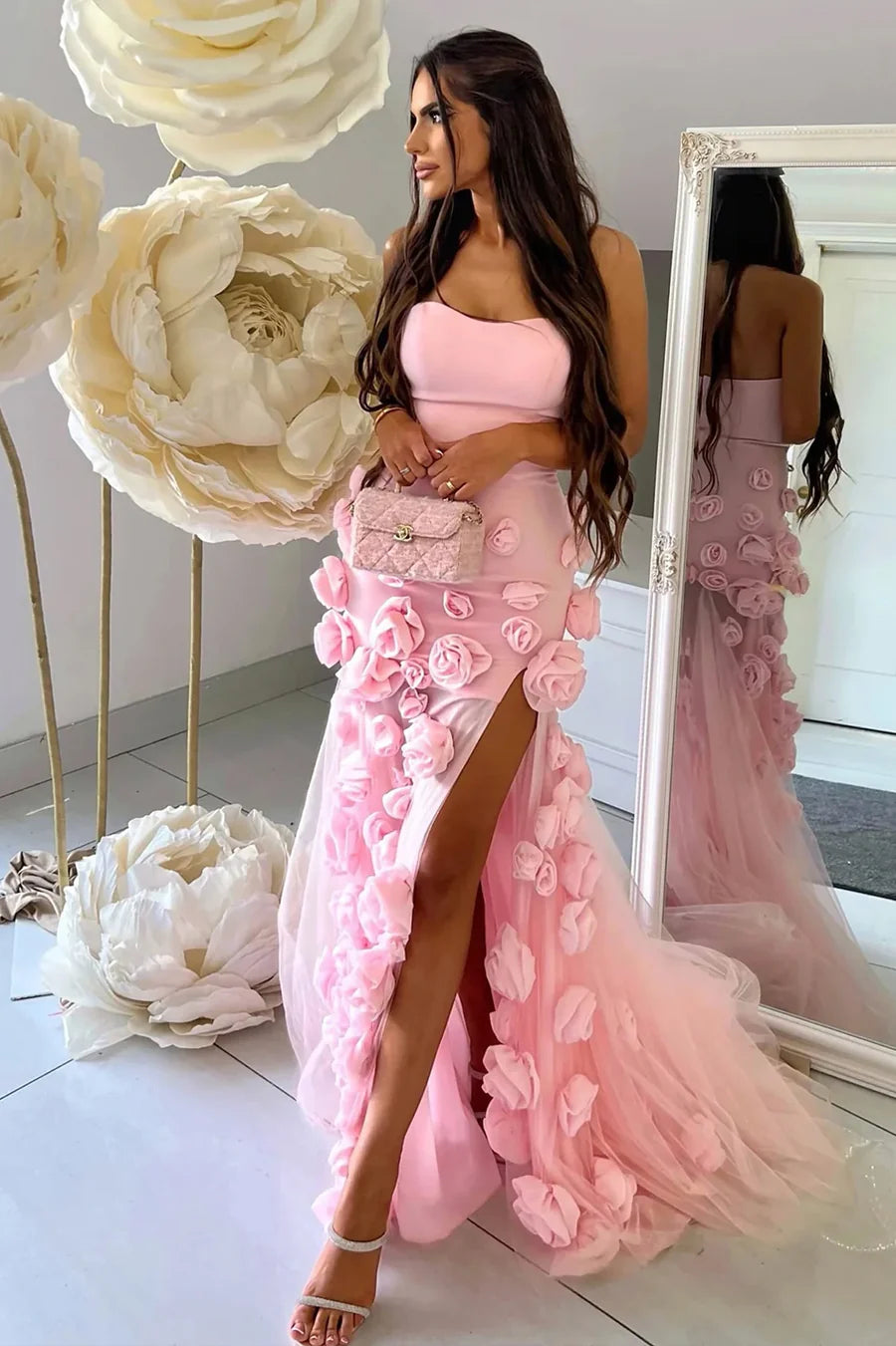 Glamorous Mermaid Strapless 3D Floral Pink Floor-Length Party Dress