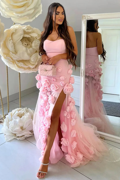 Glamorous Mermaid Strapless 3D Floral Pink Floor-Length Party Dress