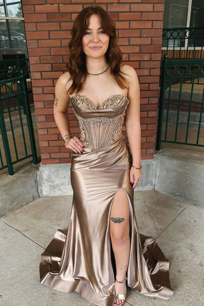 Glamorous Mermaid Strapless Beaded Champagne Floor-Length Prom Dress