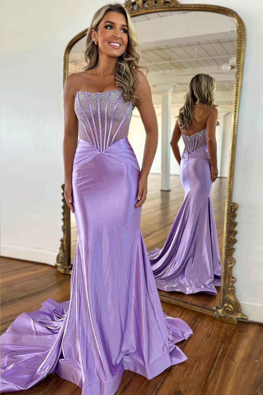 Glamorous Mermaid Strapless Beaded Lavender Floor-Length Prom Dress