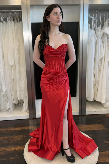 Glamorous Mermaid Strapless Beaded Red Floor-Length Prom Dress