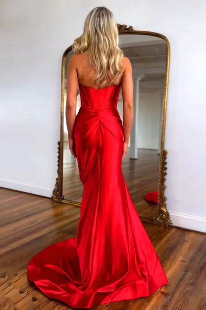 Glamorous Mermaid Strapless Bow Red Floor-Length Prom Dress