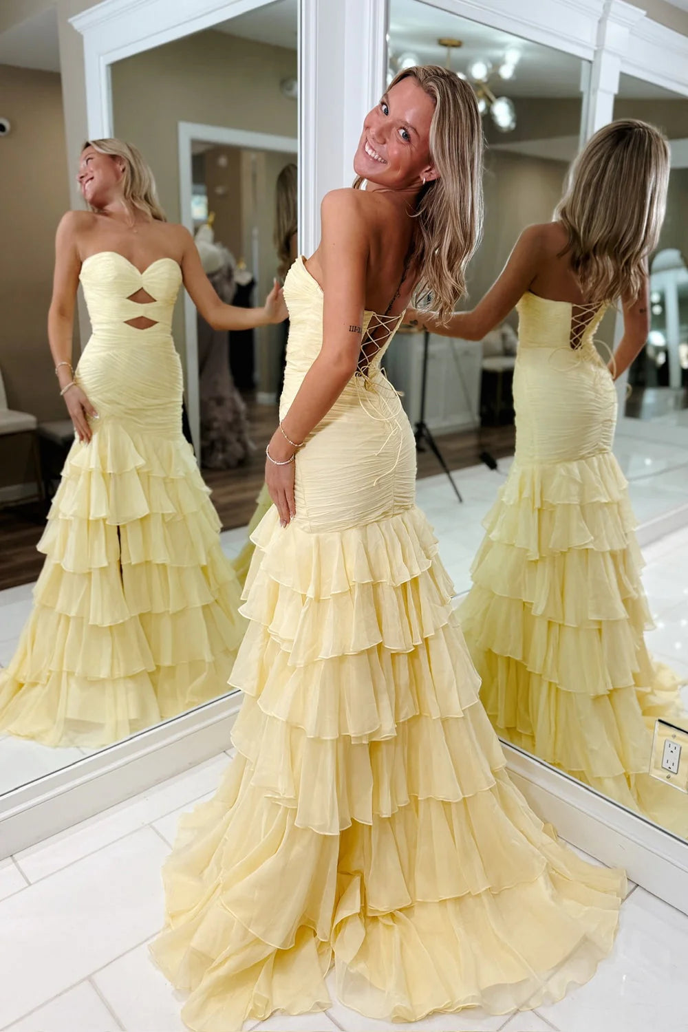 Glamorous Mermaid Strapless Cutout Yellow Floor-Length Prom Dress