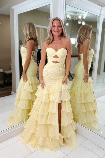 Glamorous Mermaid Strapless Cutout Yellow Floor-Length Prom Dress