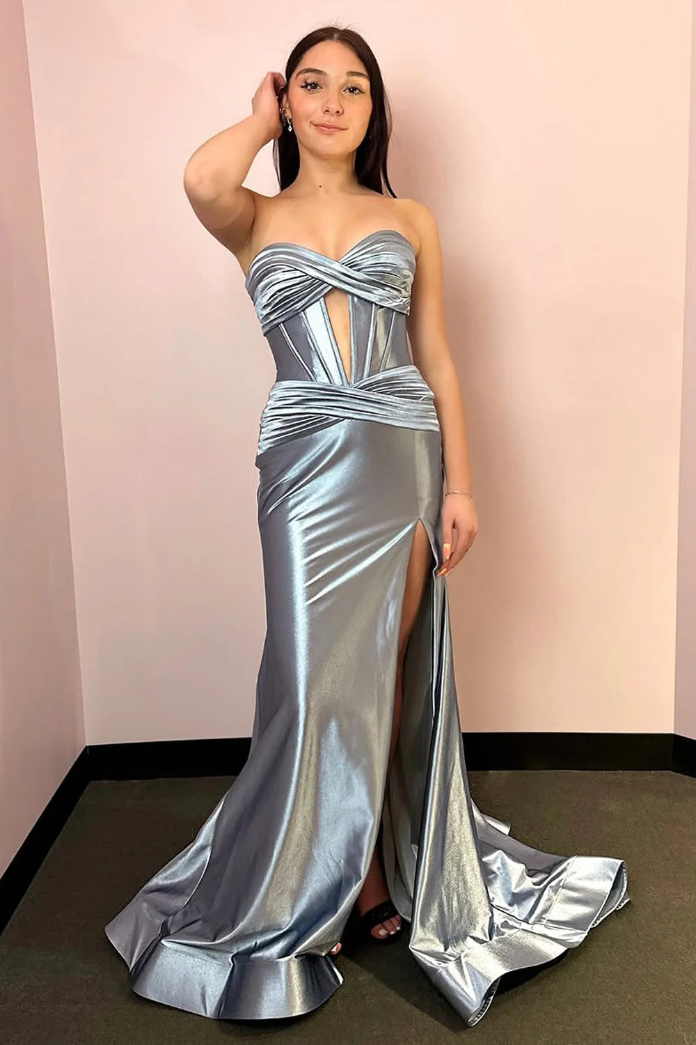 Glamorous Mermaid Strapless Dusty Blue Floor-Length Prom Dress