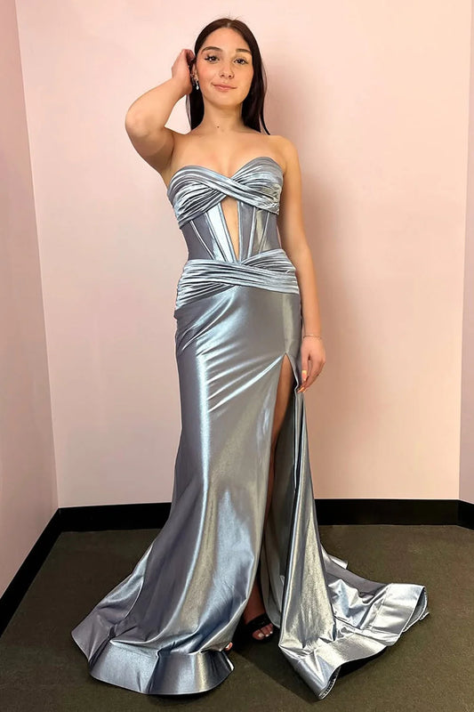 Glamorous Mermaid Strapless Dusty Blue Floor-Length Prom Dress