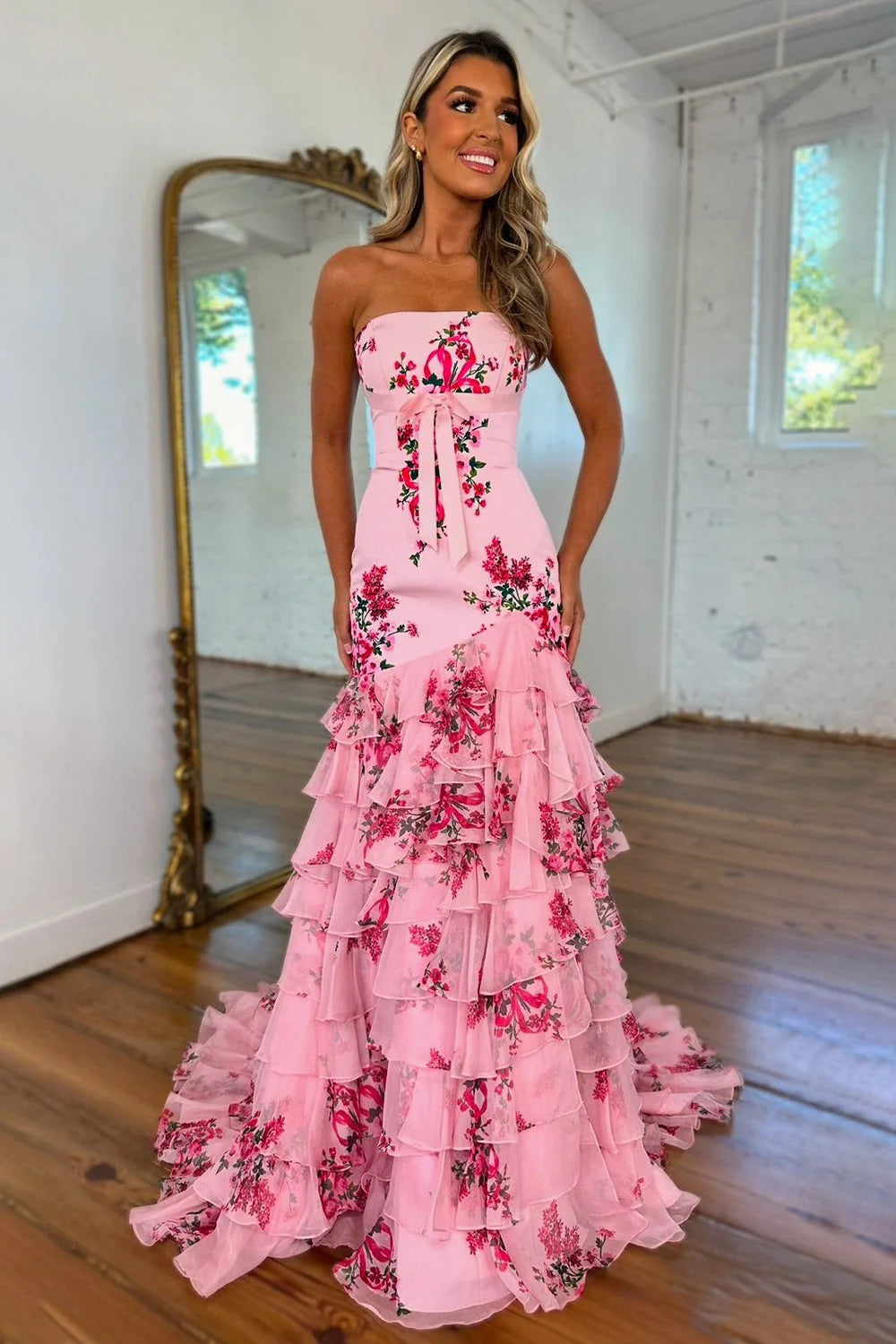 Glamorous Mermaid Strapless Floral Print Pink Floor-Length Prom Dress