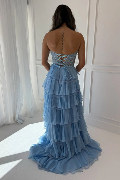 Glamorous Mermaid Strapless Ruffled Light Blue Prom Dress
