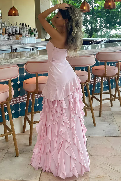 Glamorous Mermaid Strapless Ruffled Pink Floor-Length Prom Dress