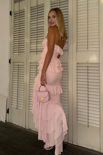 Glamorous Mermaid Strapless Ruffled Pink High-Low Prom Dress