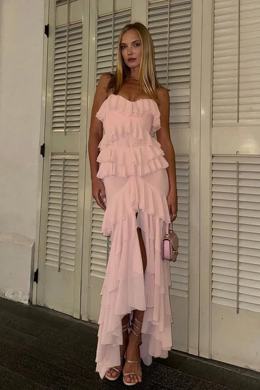 Glamorous Mermaid Strapless Ruffled Pink High-Low Prom Dress