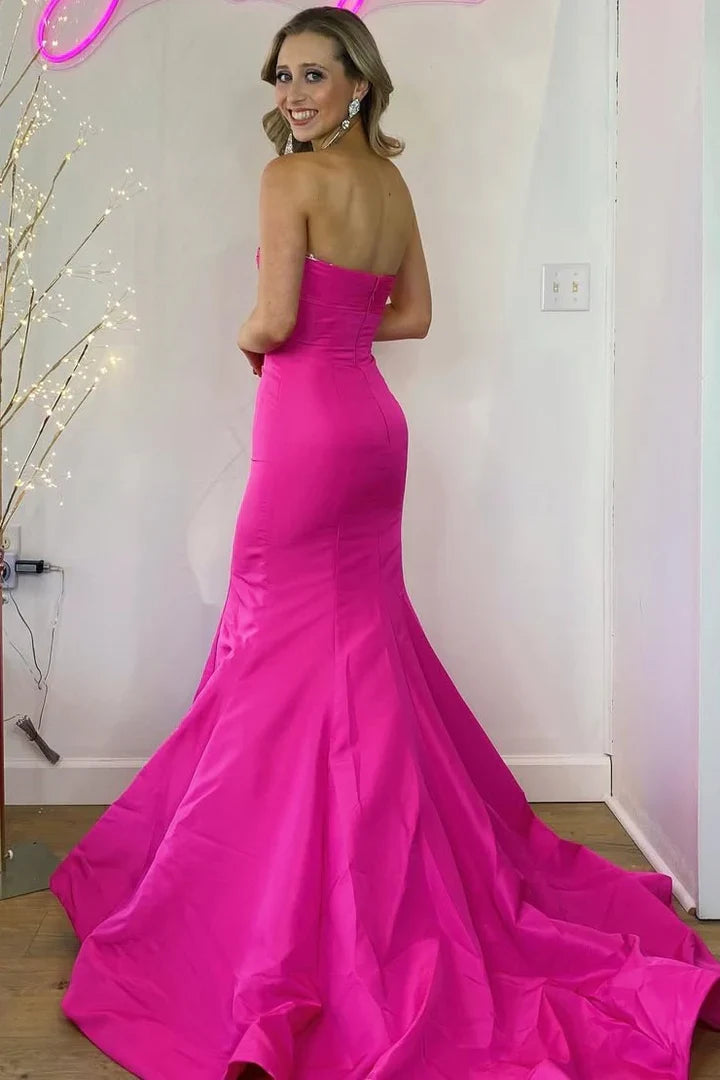 Glamorous Mermaid Strapless Satin Hot Pink Floor-Length Prom Dress