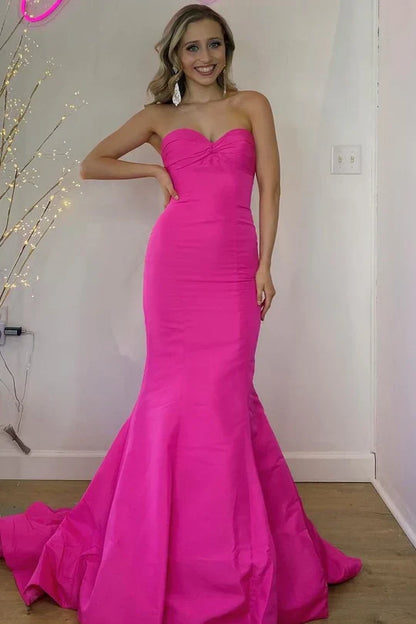 Glamorous Mermaid Strapless Satin Hot Pink Floor-Length Prom Dress