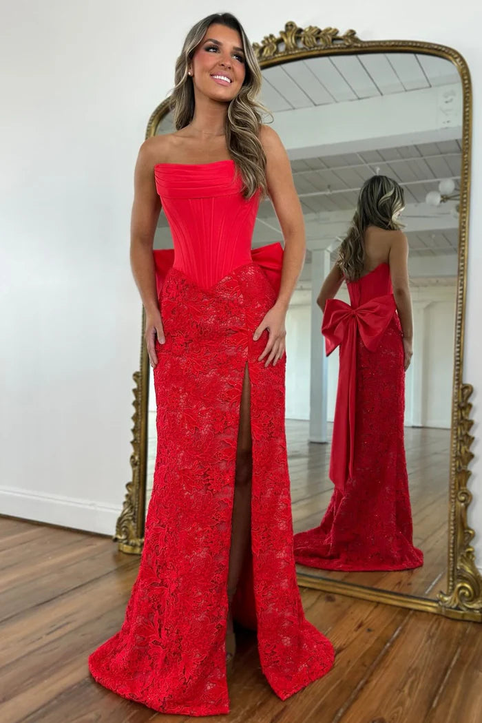 Glamorous Mermaid Strapless Sleeveless Bow-Back Floor-Length Prom Dresses