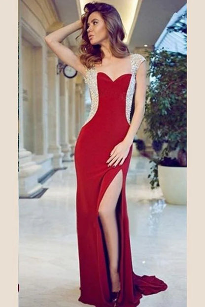 Glamorous Mermaid Sweetheart Beaded Red Floor-Length Prom Dress