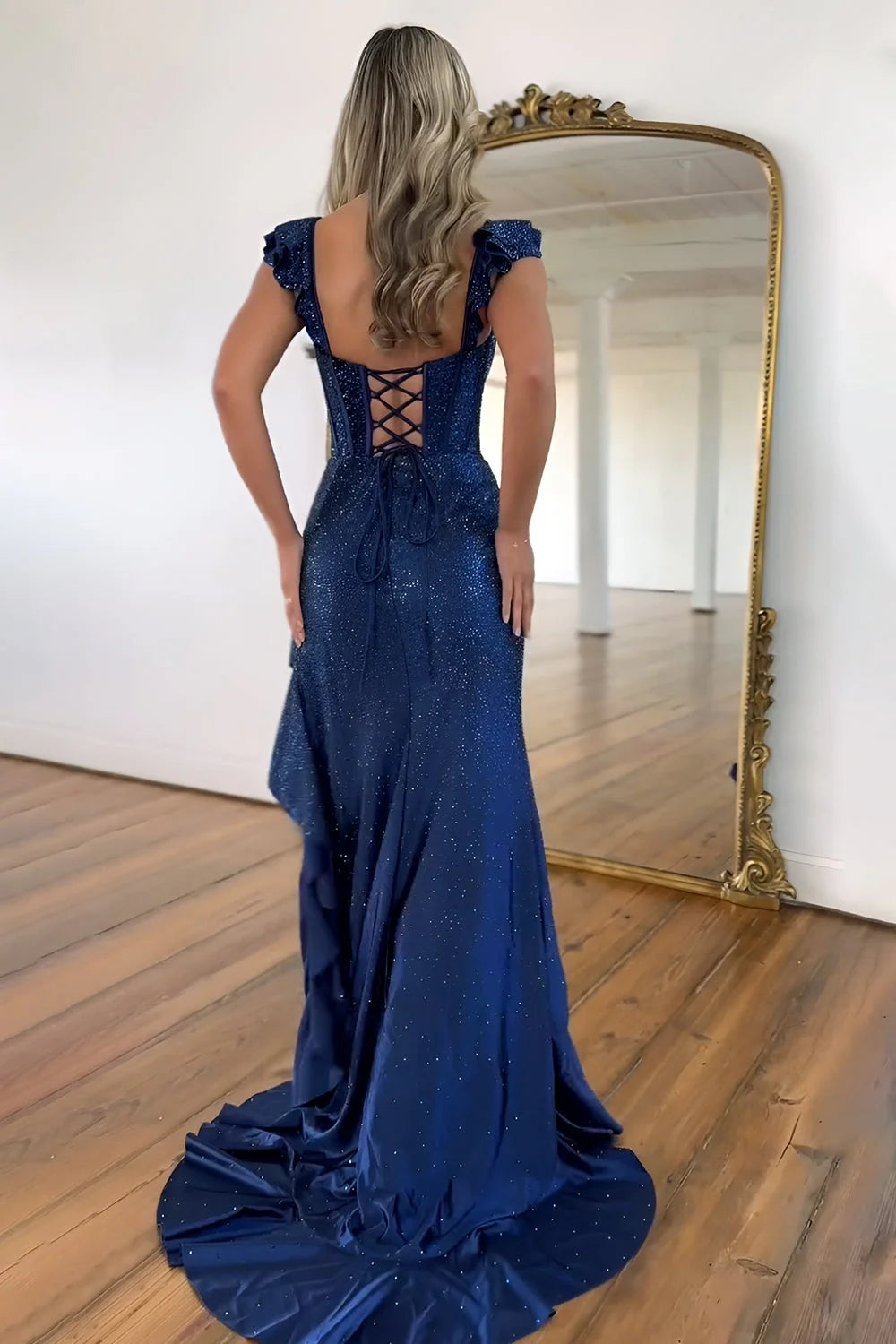 Glamorous Mermaid Sweetheart Cap Sleeve Sequin Navy Blue Prom Dress