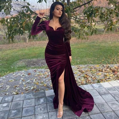 Glamorous Mermaid Sweetheart Long Sleeve Velvet Burgundy Prom Dress
