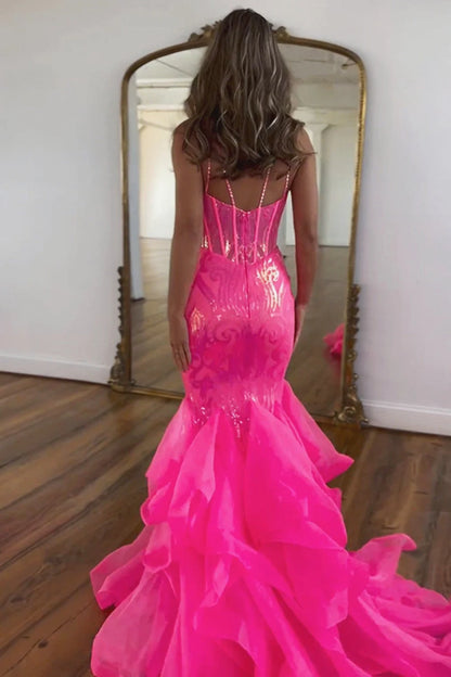 Glamorous Mermaid Sweetheart Sequin Hot Pink Floor-Length Prom Dress