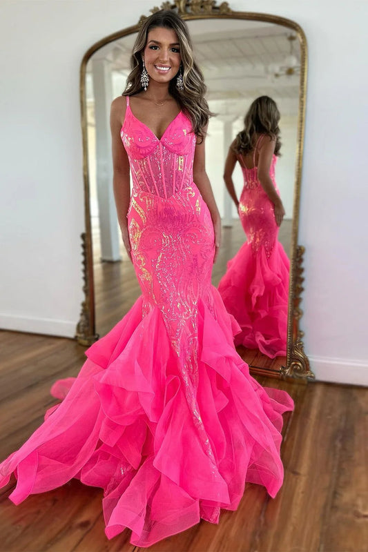 Glamorous Mermaid Sweetheart Sequin Hot Pink Floor-Length Prom Dress