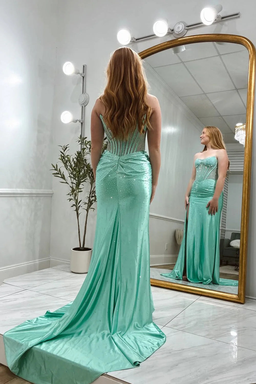 Glamorous Mermaid Sweetheart Strapless Beaded Mint Evening Dress